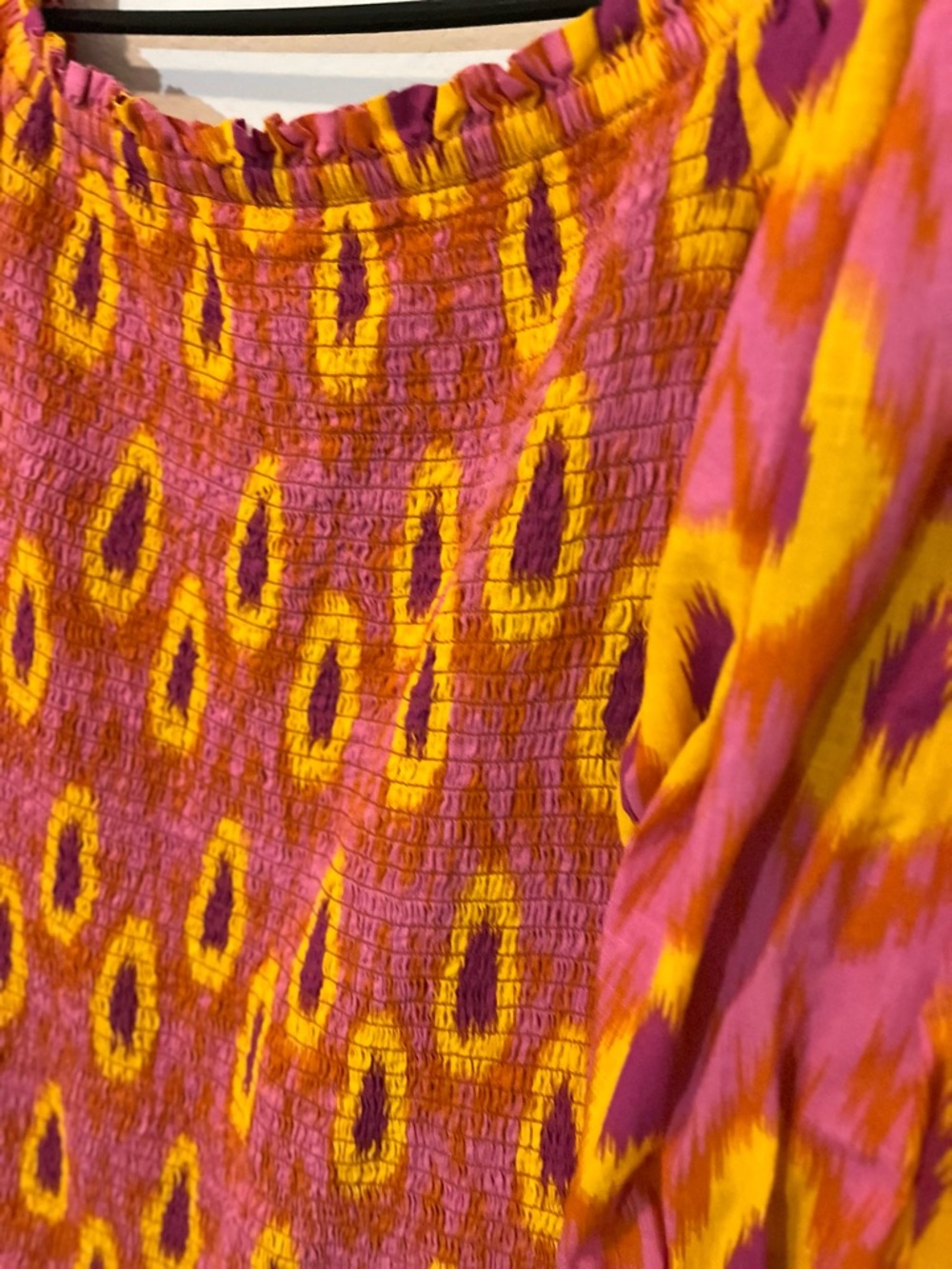 ZARA Vibrant Pink Yellow Printed Off Shoulder Smock Puff Sleeve Maxi Dress Beach - Picture 8 of 8